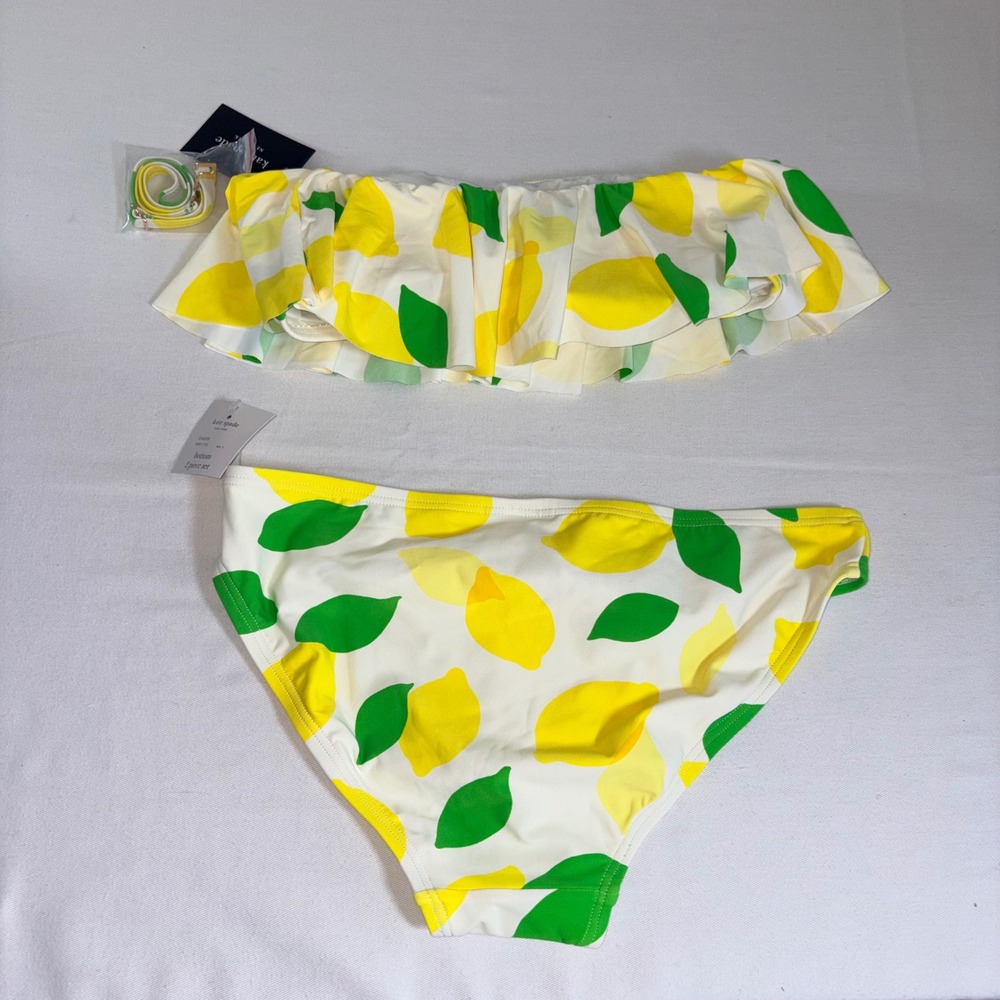 Kate Spade Bandeau Ruffle bikini Set Small white Lemon fruit Print NEW